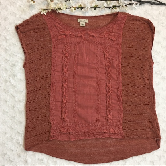 🍀Lucky Brand Boho Open Knit Rust Top Sz S - Picture 5 of 8